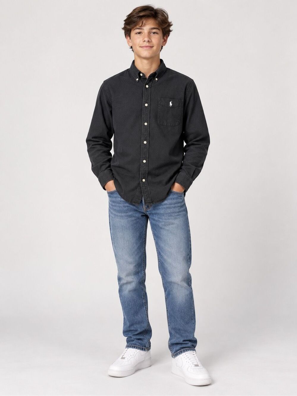 Ralph Lauren Boys Large16/18 Black Cotton Button Down Oxford Shirt Pony Logo